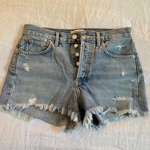 Agolde Light Blue Distressed High Waist Denim Shorts